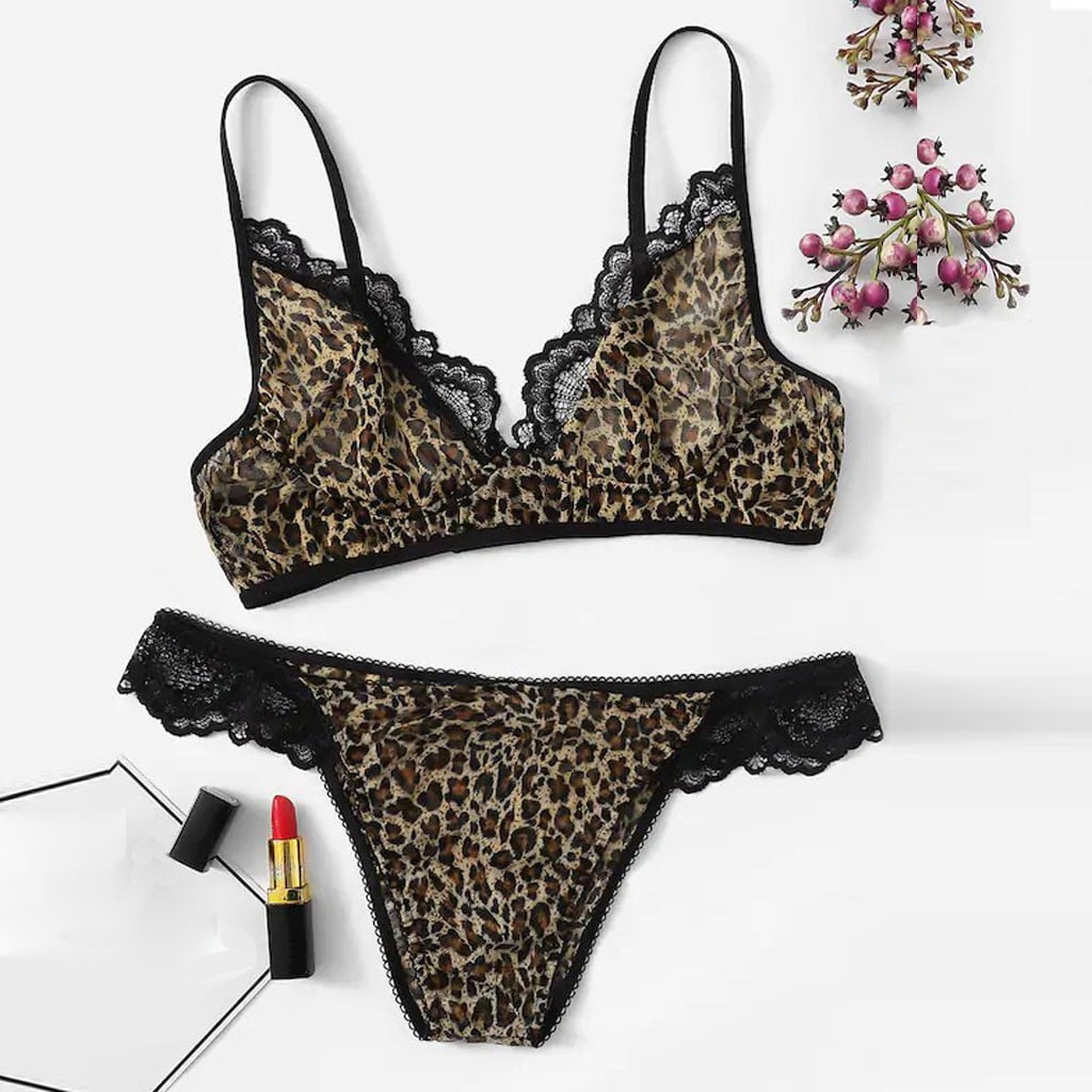 Lingerie For Women Naughty New Women Lace Leopard Print Bra With Thong Sleepwear Lingerie Set S-2Xl pic