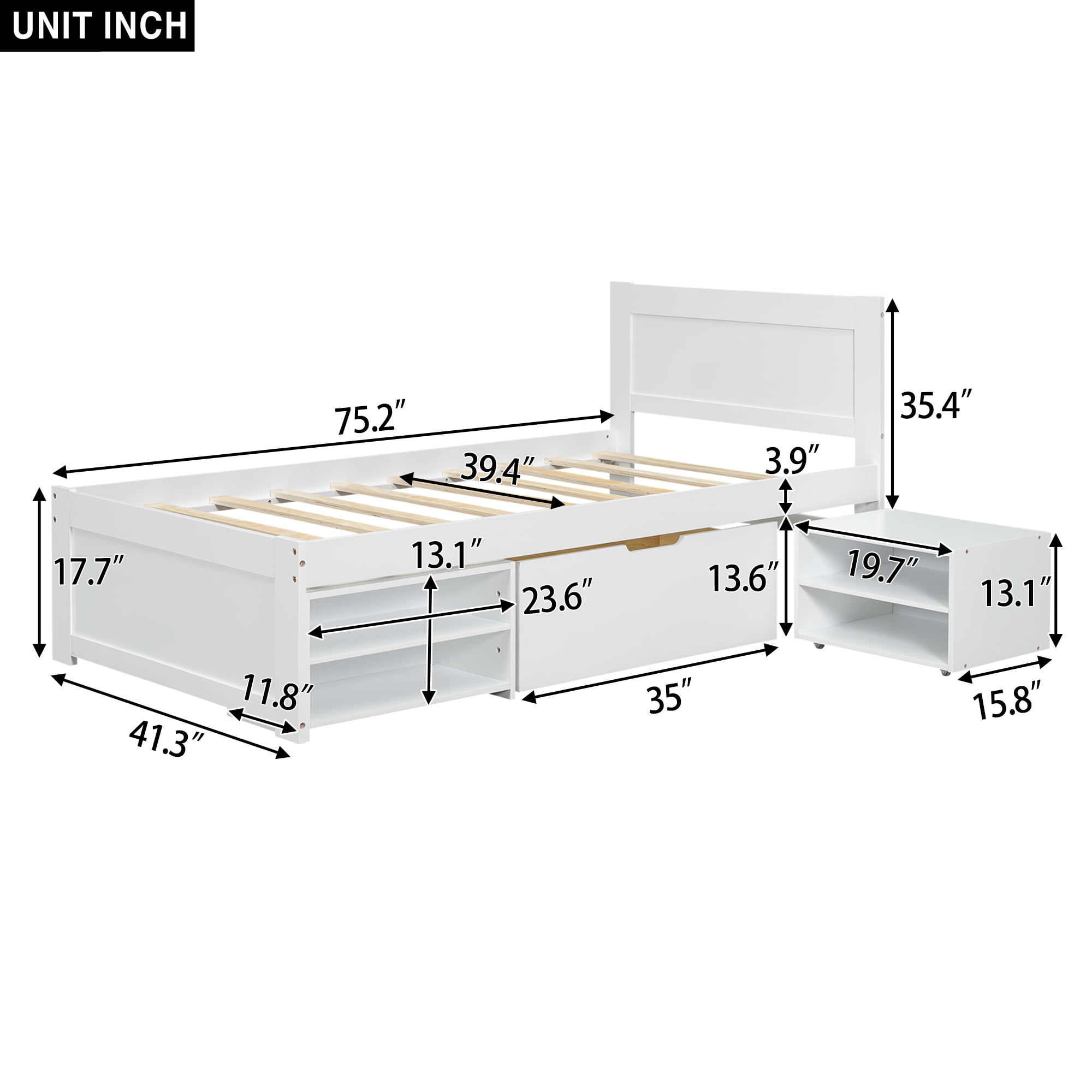 Yoneston Twin Platform Bed with Wheeled Drawer and Two Shelves, Kids Extra Easy-access Large Storage Space Bed Frame, White