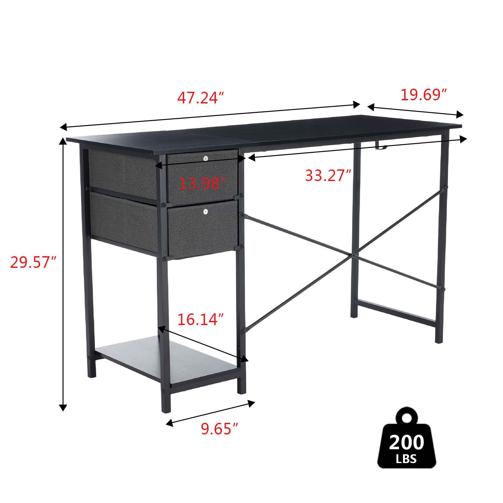 MAYEERTY 47in Computer Desk, Adjustable Position Drawers Side Hooks, Modern Study Workspace