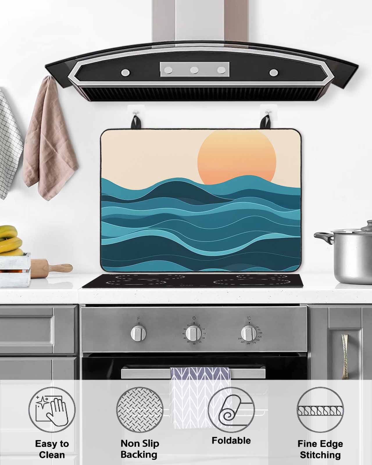 nqOlkjepod Large Induction Cooktop Protector Mat 36"x21", Teal Waves Stove Top Covers for Electric Stove, Watercolor Sun Turquoise Ombre Decorative Stove Burner Cover Mats, Glass Top Stove Cover
