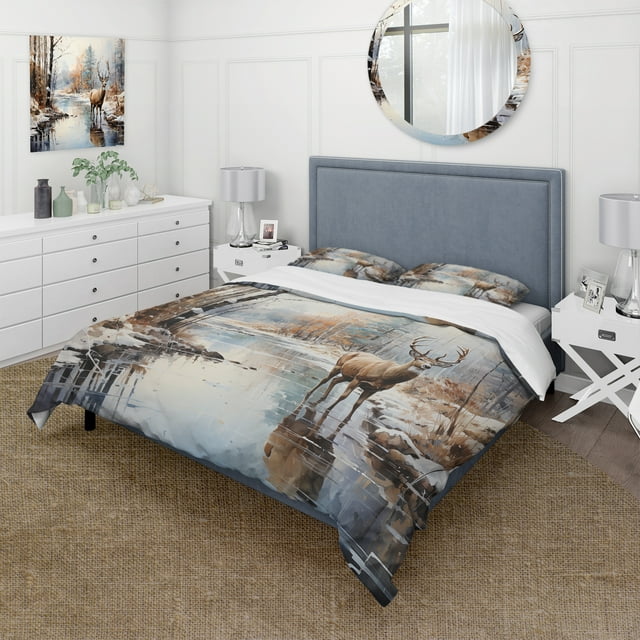 Designart "Deer Winter Charm" Animals Bedding Covert Set - Deer Brown Children's Art Bed Set With 2 Shams