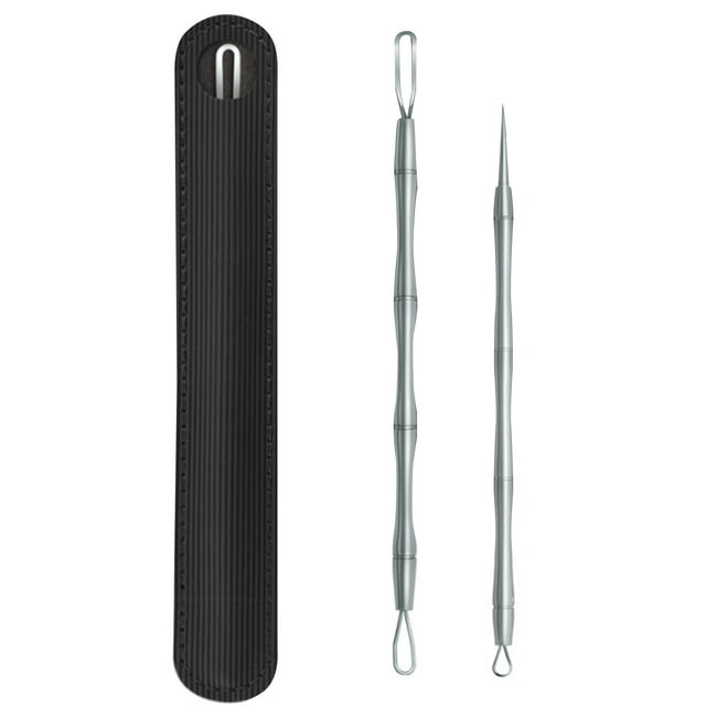 Ensemble d'Outils de Suppression des Points Noirs en Acier Inoxydable avec Motif de Bambou - 2 Pcs avec Pochette de Rangement en Cuir Gris Foncé, Kit Professionnel d'Extraction de l'Acné pour les Soins de la Peau, Taille Compacte 6,14*1,02*0,39 Po, Léger