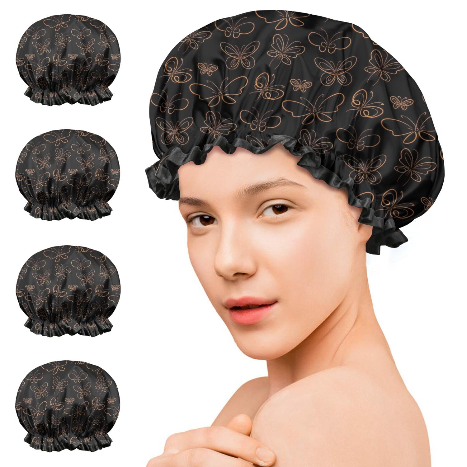 Shower Caps,Black Butterfly Orange Line Pattern Waterproof Shower Cap for Women 4 Pieces,Double Reusable Hair Cover for Shower PEVA Elastic Stretch Hem