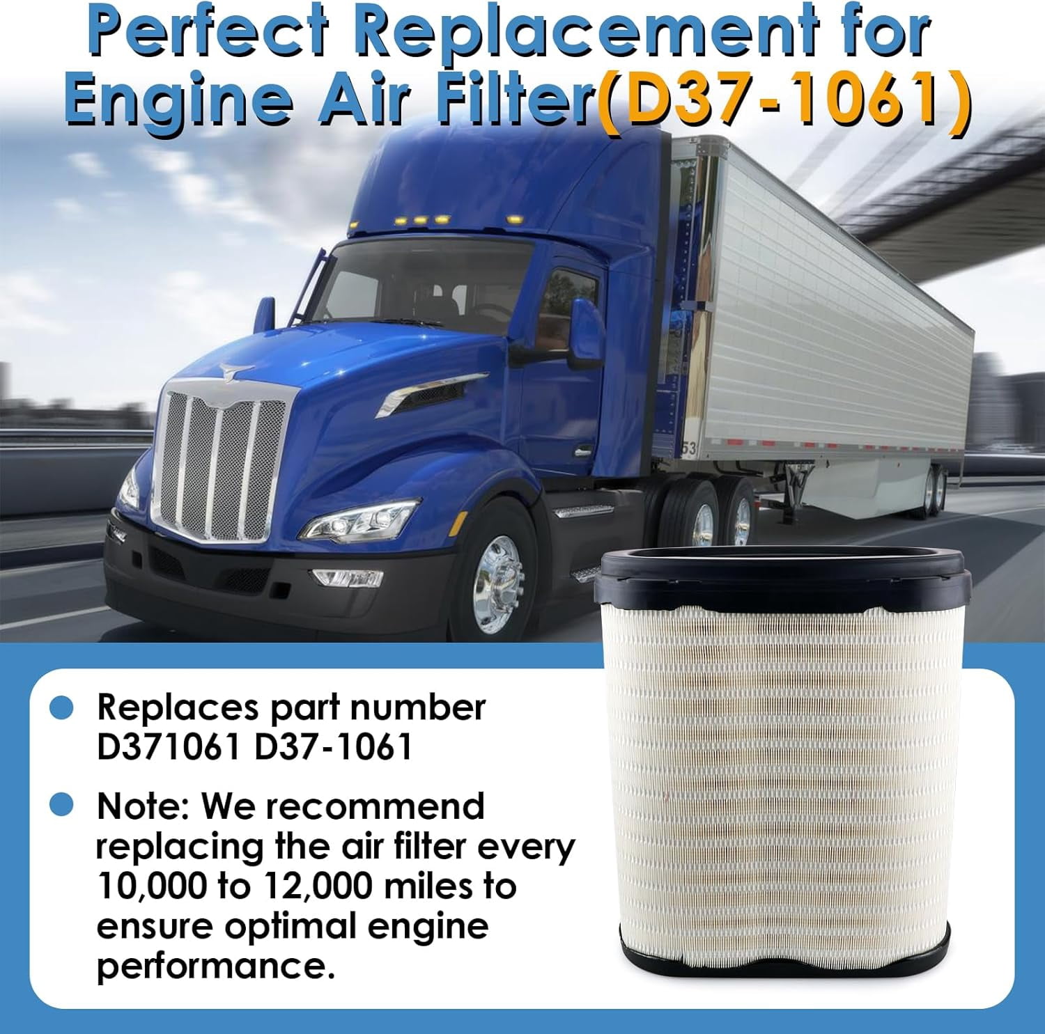 D37-1061 Engine Air Filter for 2023 Kenworth T680 and 2023 Peterbilt 579, D371061 D37-1061