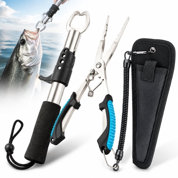 Emlimny Fishing Gear Set - Long Nose Stainless Steel Fishing Pliers 8.5", Fish Lip Gripper, Telescopic Lanyard & Sheaths - Multi-Function Saltwater Resistant Fishing Tools