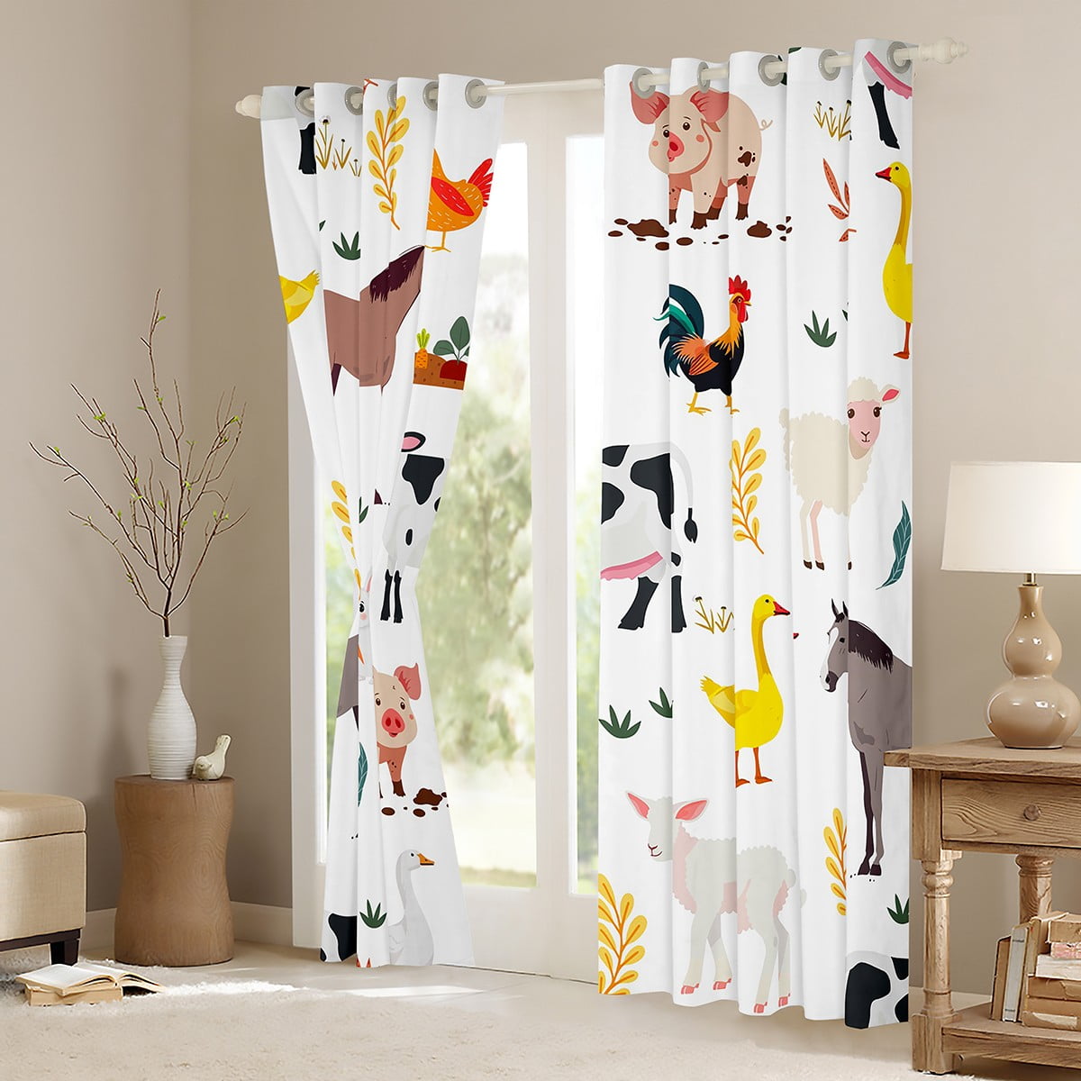 jejeloiu Rustic Farmhouse Animal Black Out Curtains,Pig Cow Rabbit Curtains Pack of 2 (42x63 Each),Cartoon Farm Nursery Bedroom Curtains For Child,Breathable Home Decor