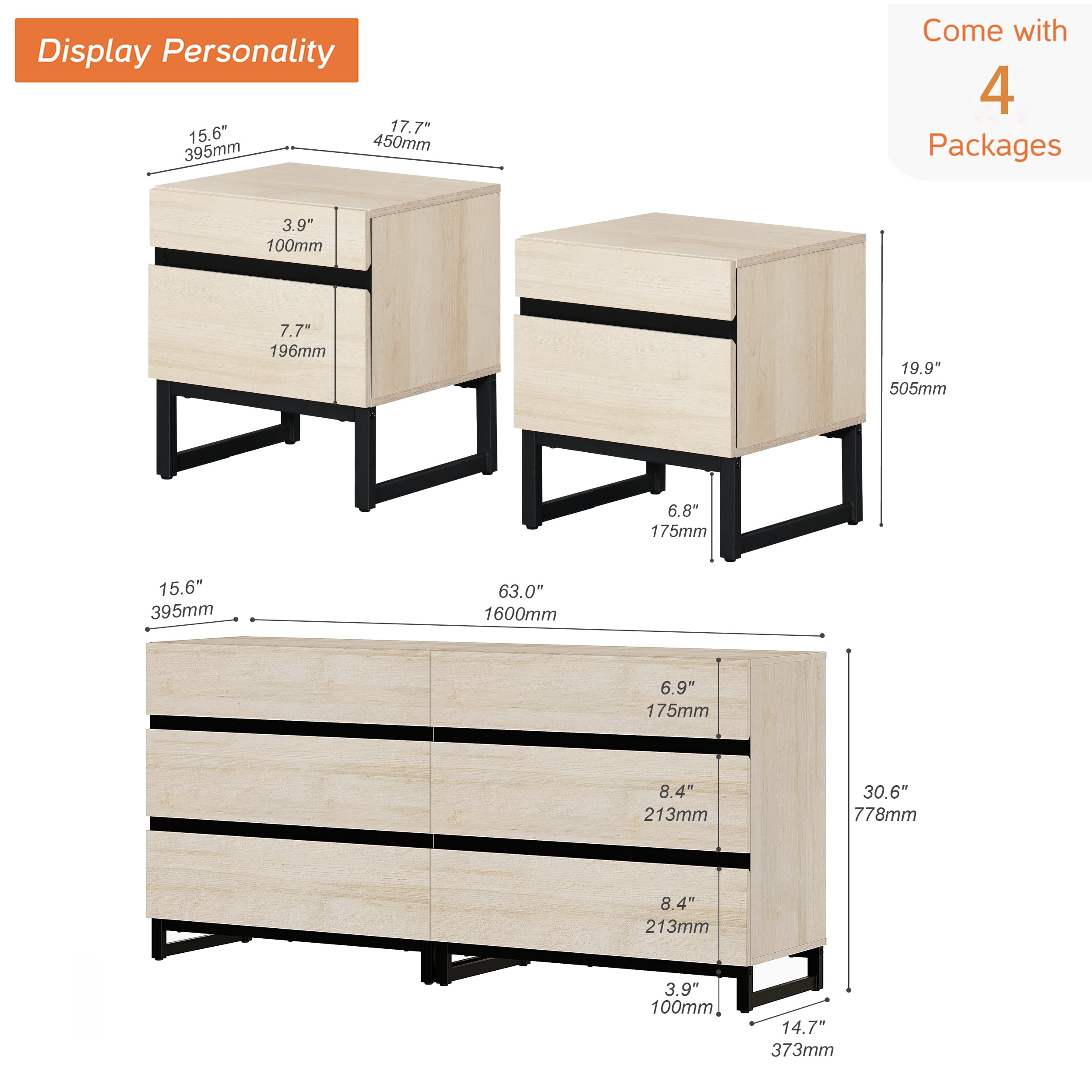 WAMPAT 3 Piece Dresser and Nightstand Sets, 63 Inches Dresser &Chest with 6 Drawers, 2 Nightstand with 2 Drawers Side Table for Bedroom, Bedroom Furniture Set,Light Oak
