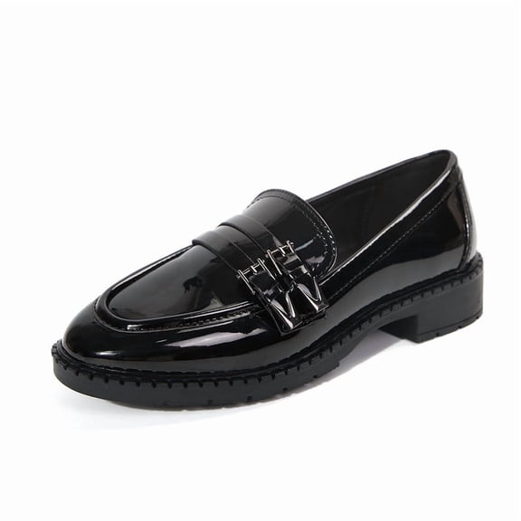 Pennysue Women's Patent Leather Loafers with Decorative Buckle Round Toe Chunky Heel Slip On Casual Dress Shoes for School Work Daily Wear
