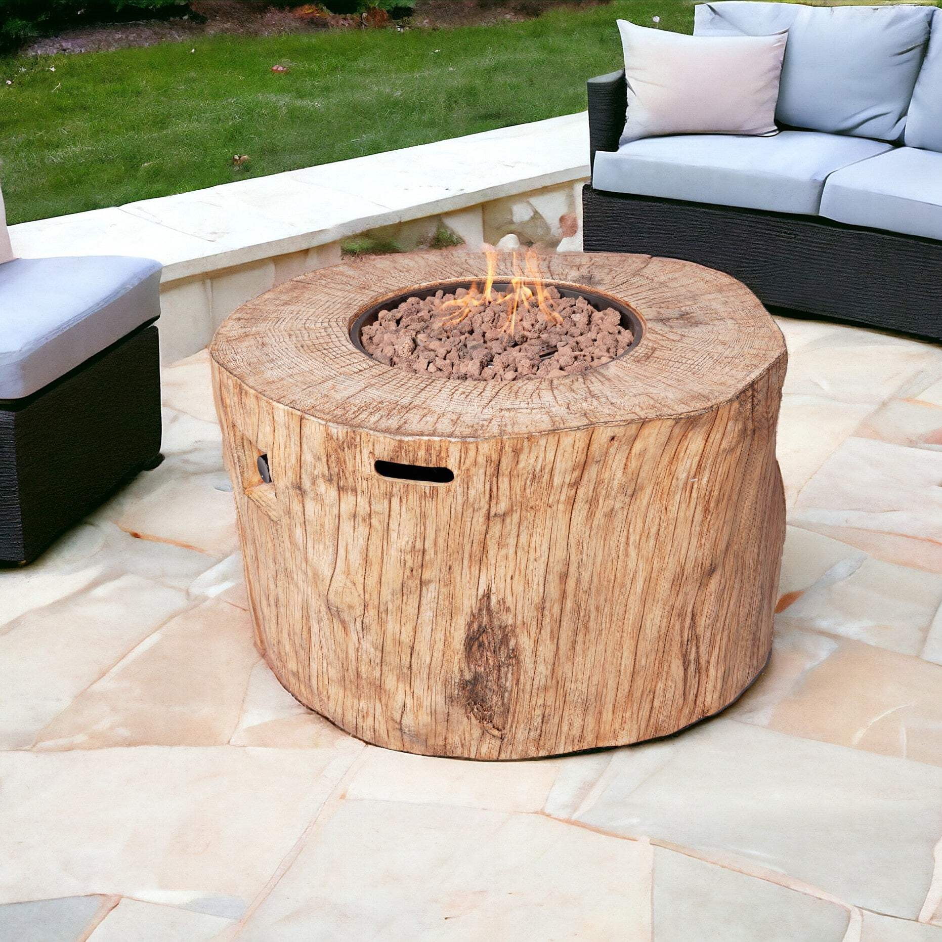 HomeRoots 535176 24 x 37 x 40 in. Brown Faux Wood Stump Propane Round Fire Pit with Cover