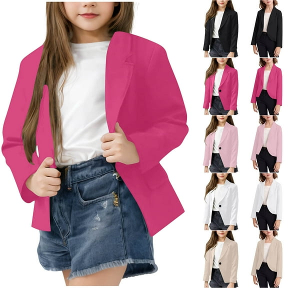 MKOSPLRT Girls Blazer Jacket Solid Color Lapel Suit Open Front Long Sleeve Blazers for Kids Girls Size 5-14 Years Kids Clothes