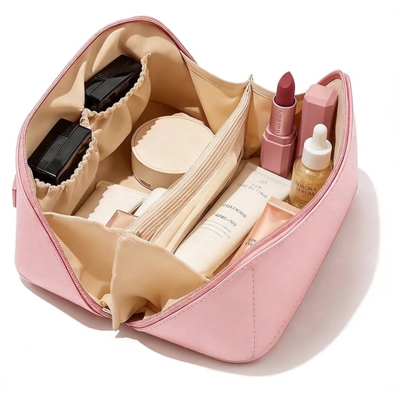 Travel Makeup Bag for Women Waterproof Large Capacity, PU Leather Cosmetic Pouch Toiletry Bag Flat Open with Divider & Handle-Pink