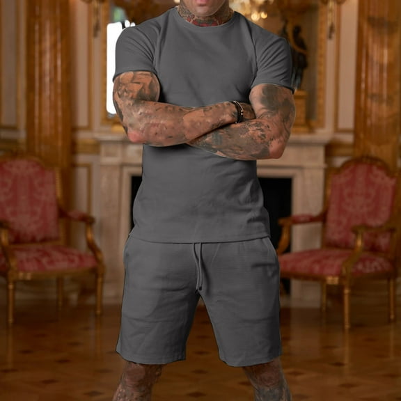 DDAPJ pyju Mens Shorts Set 2 Piece Outfits Solid Casual Sport Suit Short Sleeve Crewneck Tee Shirt and Shorts Matching Sets Lightweight Workout Set Dark Gray M