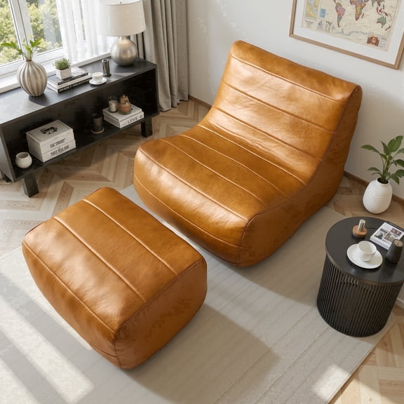 XIZZI Oversized Bean Bag Chair with Ottoman, Luxury Faux Leather Lounger Chair Indoor for Adult, Skin-Friendly Breathable , No Assembly Lazy Sofa for Living Room Bedroom Gaming
