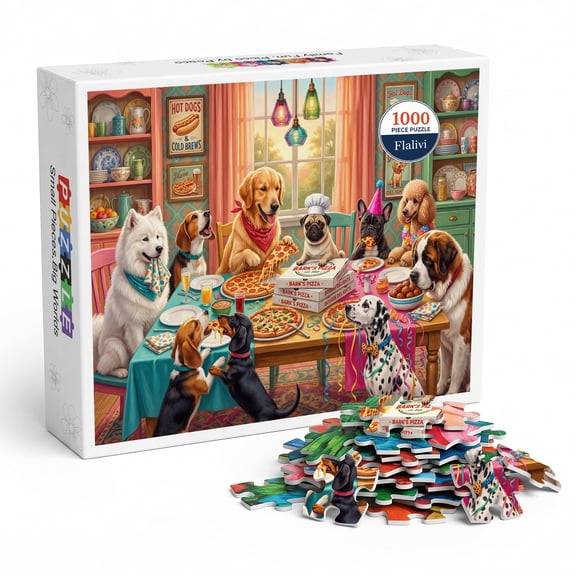 Dogs Pizza Party Jigsaw Puzzle for Adults 1000 Pieces, Colorful Funny Dog Dinner Illustration, Premium Thick Cardboard with Matte Finish, Perfect Gift for Dog Lovers