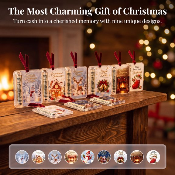 OVFUIZ Christmas Cash Gift Ornaments Hanging Money Clip, Clear Acrylic Cash Holder with Holographic Sparkle for Christmas Tree Decorations Display