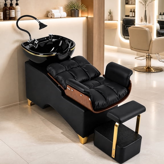 Advwin Shampoo Bowl and Chair Set, Backwash Unit with Ceramic Sink & Footrest, Luxury Hair Washing Station for Beauty Salon, Spa, Barber Shop, Black and Walnut with Gold Accent