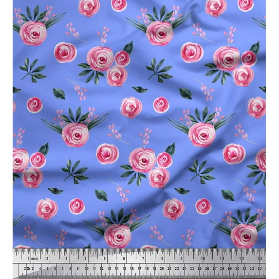 Soimoi Blue Heavy Canvas Fabric Leaves & Ranunculus Floral Print Fabric by the Yard 58 Inch Wide
