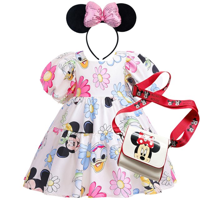 New Disney Mickey Mouse Daisy Baby Girl Cute Princess Dresses Kid Casual Dress Backless Toddler Cartoon Puff Sleeve Clothes 2-8T9-10T Gao Jinjia LED