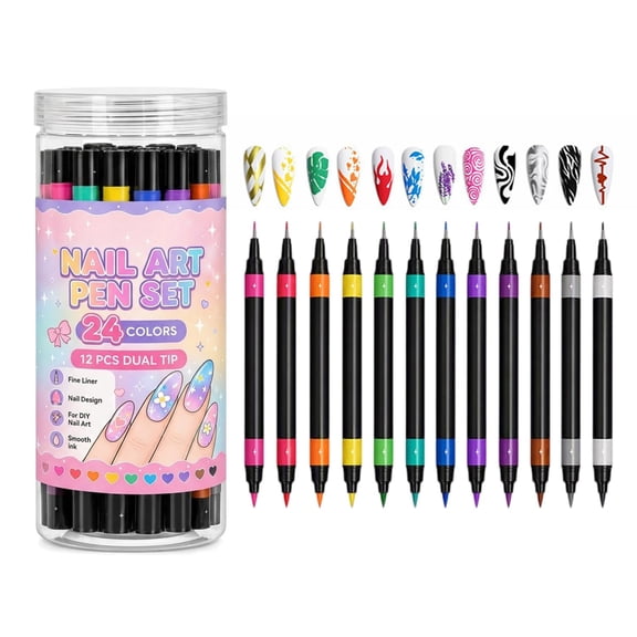 24 Colors Dual Ended Nail Art Pens Set, Nail Art Markers with Dual Tips, Nail Design Tools for DIY Manicure and Nail Art