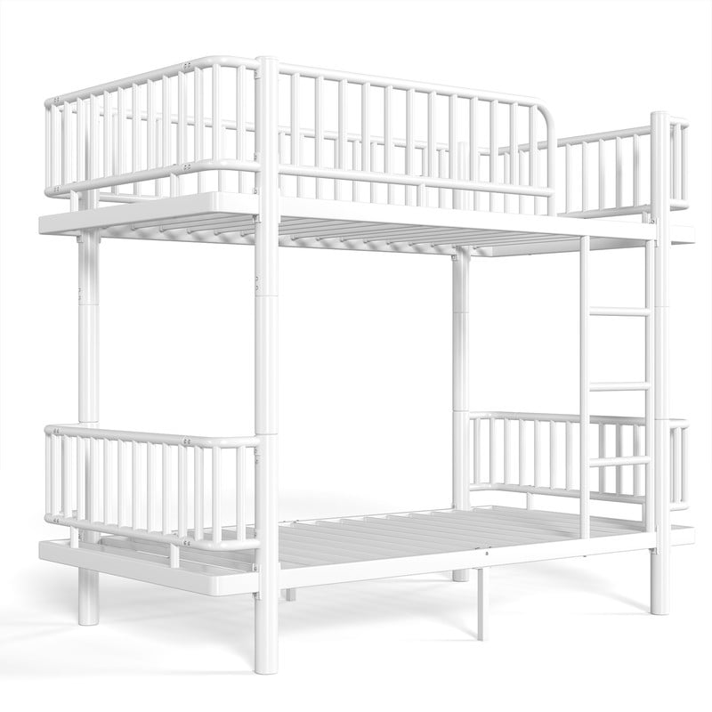 Twin-over-Twin Teens Bunk Bed Can Transformed into 2 Platform Beds, Metal Kids Bed Frame with Round-Pipe, Ladder & Guardrails