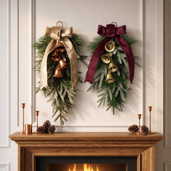 Artificial Teardrop Christmas Wall Hanging Wreath, Upside‑Down Garland with Velvet Bow & Copper Bells, Pre‑Made Ornament for Front Door, Mantel, Porch Xmas Decor