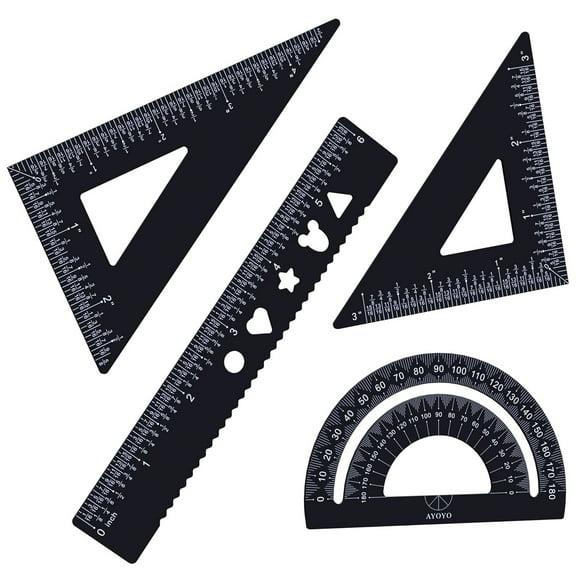 4-Pack Portable Metal Geometry Kit Set - 6-inch Aluminum Ruler, Triangle, Protractor Drafting Tools with Inches - Scale Drafting & Measurement Set (Black)