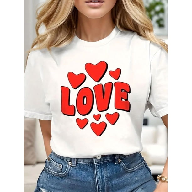 Camiseta de moda con letras de amor para San Valentín para mujer, de algodón, suave, elegante, informal, de manga corta y cuello redondo.