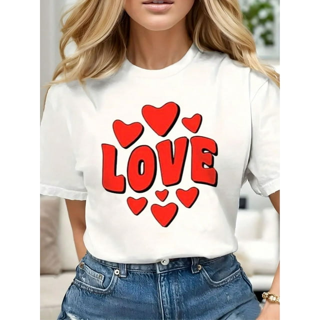 Valentine's Day Love Letters Fashion Tee Women Cotton Soft Stylish Casual Short Sleeve Crew Neck TopCamisetas para mujer, lindas camisetas con estampado gráfico, de manga corta, estilo casual, para ve