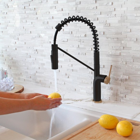 Stylish One-Handle Matte Black & Brushed Gold Pull Down Kitchen Faucet Height 16¾" K-149NG
