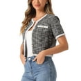 thumbnail image 4 of INSPIRE CHIC Short Sleeve Tweed Jacket for Women's Collarless Crew Neck Button Front Top Cropped Cardigan S Black, 4 of 6