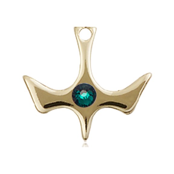 14kt Yellow Gold Holy Spirit Medal with 3mm May Green Swarovski Crystal 1/2 x 1/2 inches