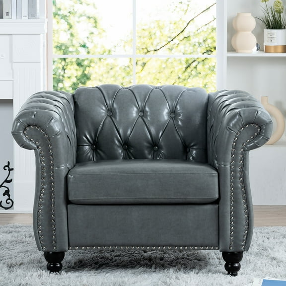 Living Room 1 Seater Gray , Pu Leather Cover, Comfortable And , Solid Wood Plywood Construction, Foam Pocket Spring Cushioning, Birch Legs, 39.09"w X 32.33"d 28.41"h Furniture Decoration,
