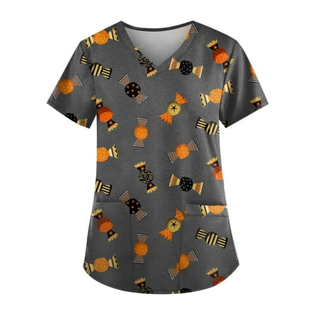 

Sksloeg Sksloeg Printed Stretch Scrubs Top for Women Work Uniform Tops V Neck Short Sleeve Loose Fit Blouse Pumpkin Cat Bat Print Tunic Tees with Pockets Dark Gray XL