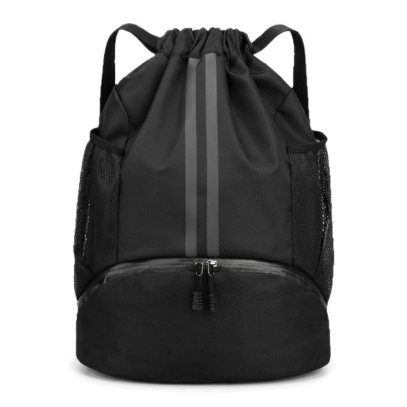 Sports Drawstring Backpack, String Swim Gym Bag with Shoes Compartment & Wet Proof Pocket, Lightweight Travel Daypack for Women & Men - Black