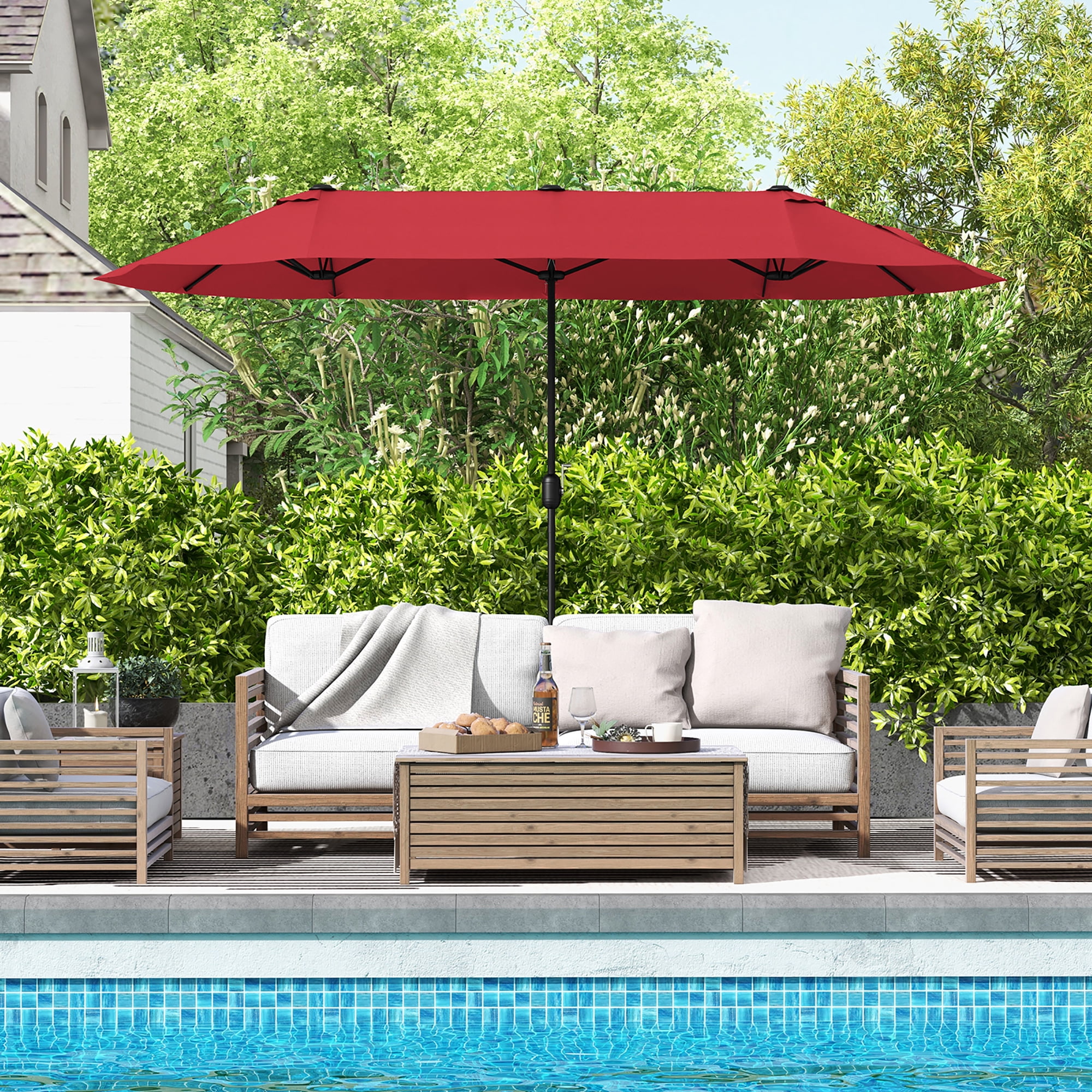 Gymax 13FT Double-sided Patio Umbrella w/ Crank Handle Umbrella Base Safety Lock Wine