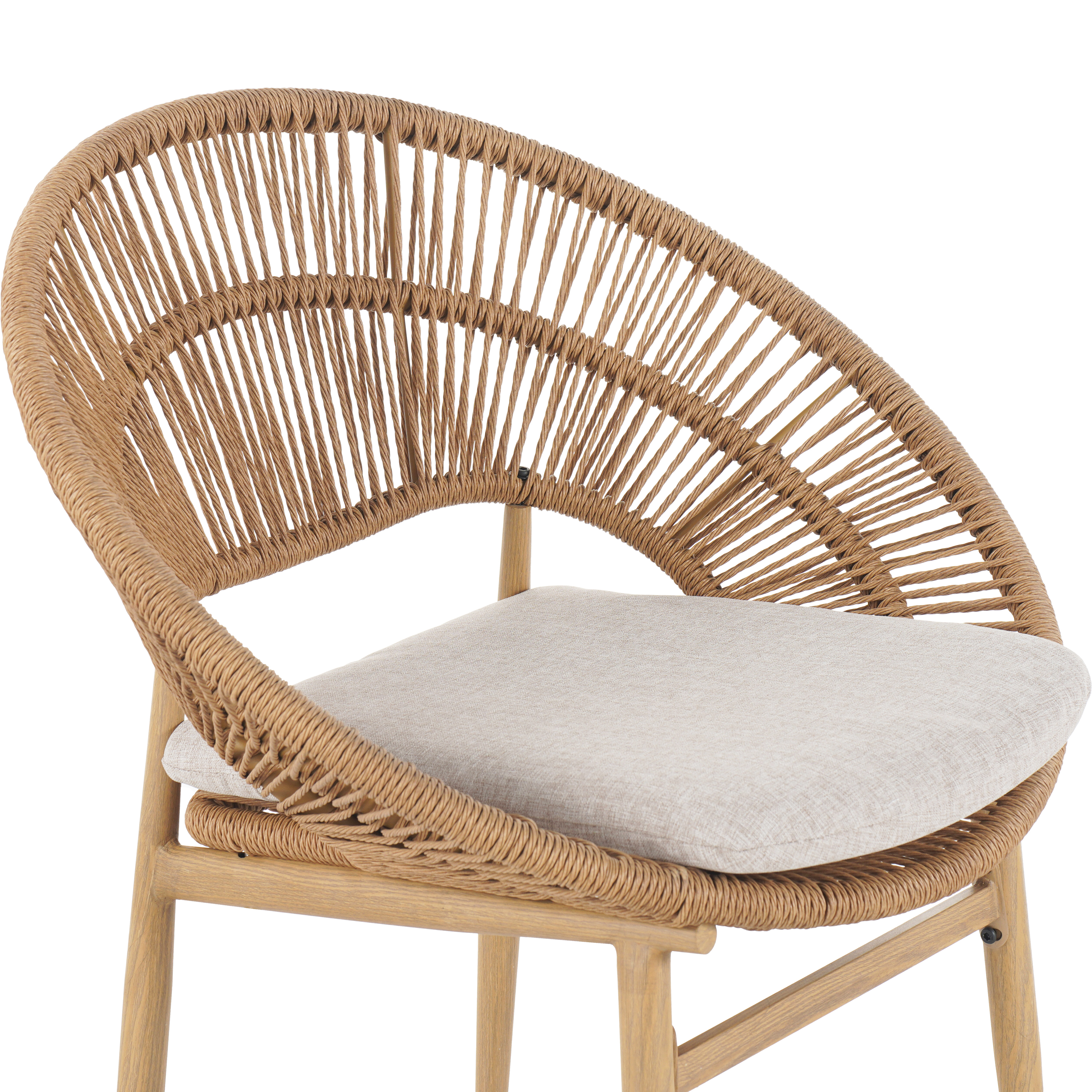 Dining Chairs, Set of 2 Outdoor Papasan Style Dining Chairs PE Wicker With Teak Finish Iron Legs And Beige Cushion, For Patio Dining, Light Brown Beige