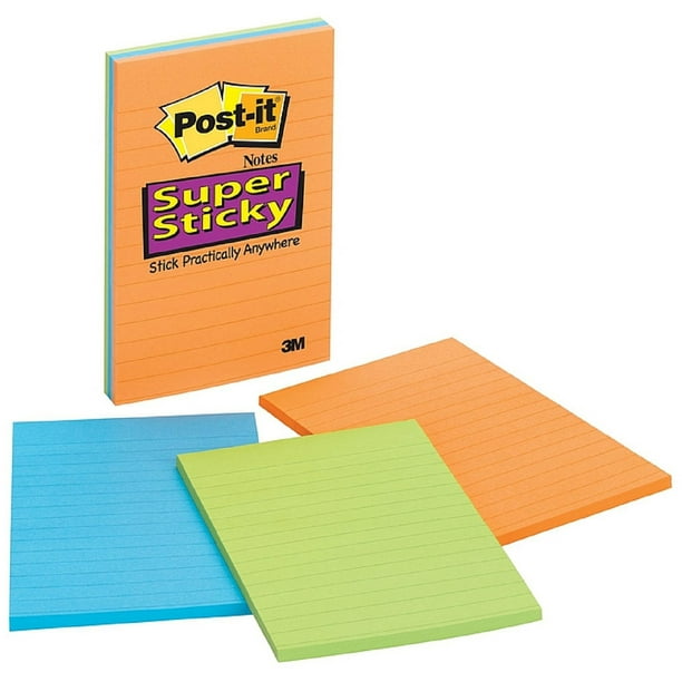 Postit Super Sticky Notes, Lined 4x6 in, Assorted Colors 3 ea (Pack of