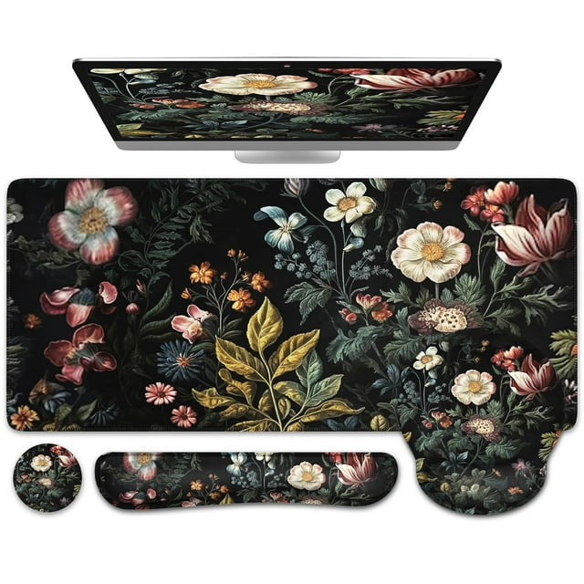 Funda de escritorio iCasso 4 en 1, diseño floral, tamaño XXL, con reposamuñecas