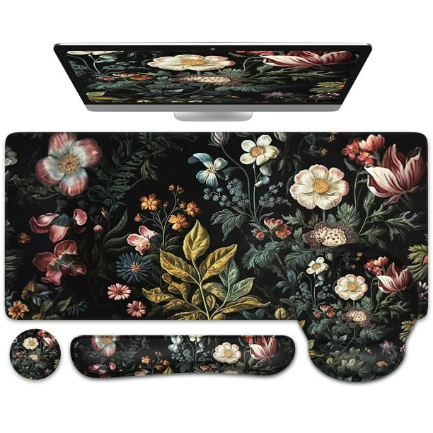 Funda de escritorio iCasso 4 en 1, diseño floral, tamaño XXL, con reposamuñecas
