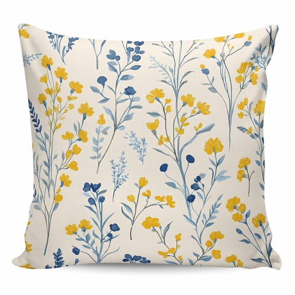 Throw Pillow Covers 18x18 Inch, Blue Yellow Spring Floral Decorative Pillow Cases for Couch Sofa Bed, Summer Blooms Botanicals Cotton Linen Square Home Decor Pillowcases with Hidden Zipper
