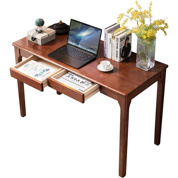 Solid Wood Desk with Drawers, Small Computer Desk for Home Office, Study, or Bedroom (Cherry)