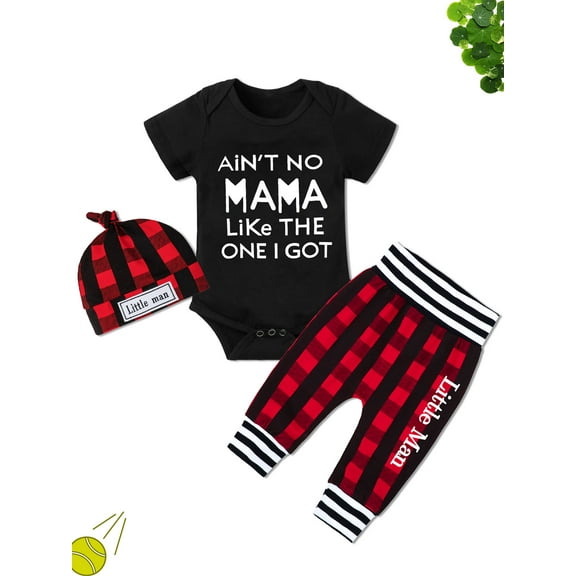 Newborn Baby Boy Clothes  Plaid Winter Mama Letter Print Romper Pants 3PCS Baby Boy Outfits Set 0-3 Months