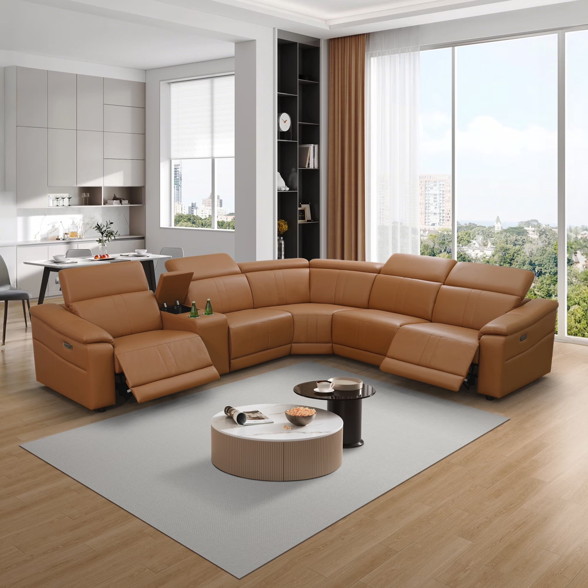 Gewnee Light Brown Air Leather Power Reclining Sofa with Storage, Cup Holders, USB Charging and LED Lights, Solid Wood Frame, for Living Room