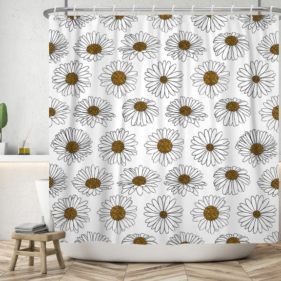 Pbobriich Daisy Shower Curtain, Black and White Floral Bathroom Shower Curtain with Hooks, 72Wx72L