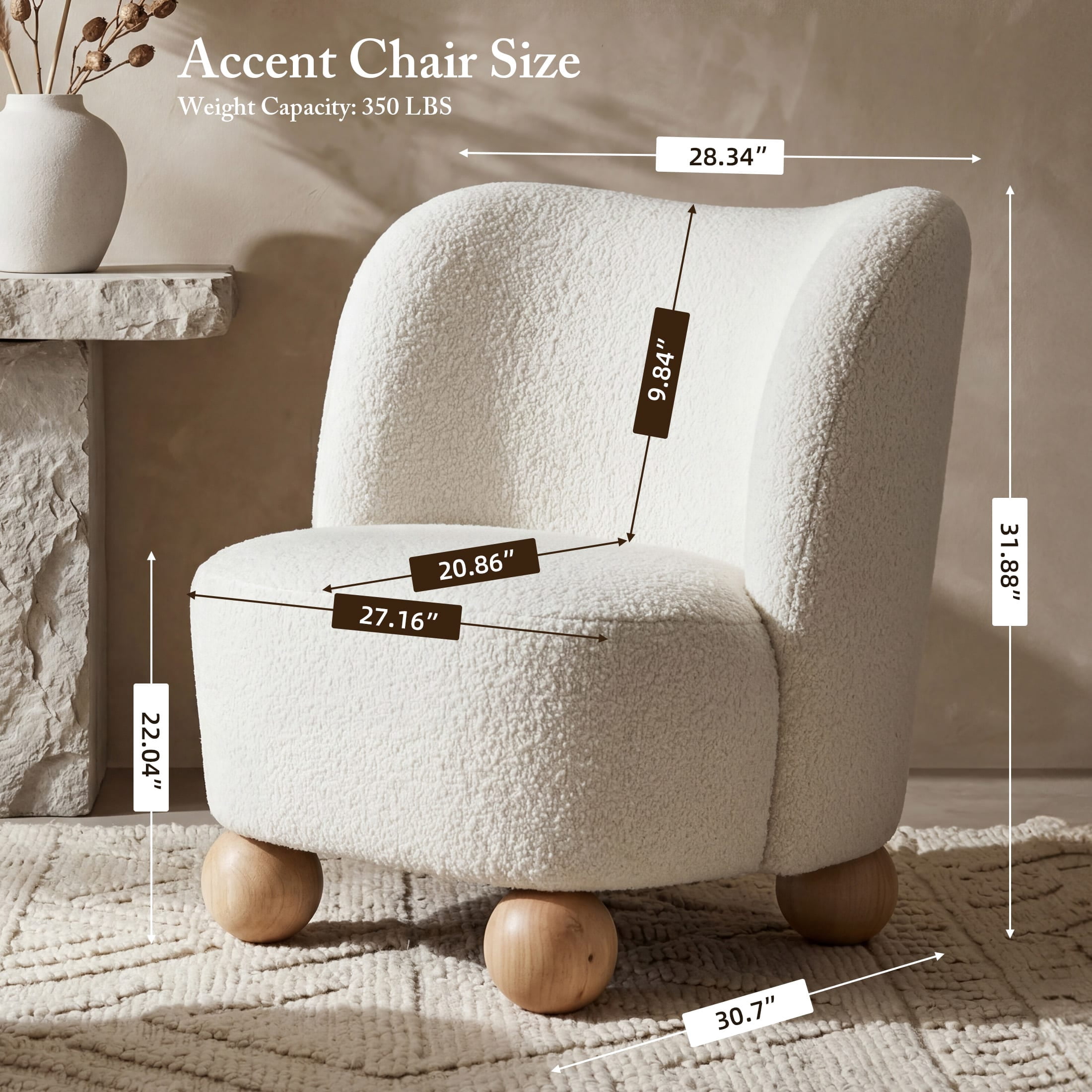 Aenkyo Contemporary Boucle Armless Accent Chair with Sculptural Wood Ball Feet, White