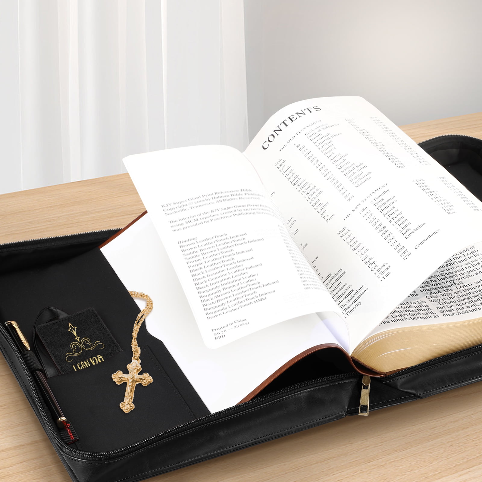 Classic Bible Cover, FINPAC Large PU Leather Carrying Book Case Church Bag Bible Protective with Handle, Perfect Gift for Men, Women, Father, Mother, Friends [I Can Do All Things], Black/Brown