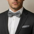 thumbnail image 7 of Laurant Bennet Mens Banded Bow Tie and Pocket Square Set | Solid Color | Pre Tied Classic Formal Bowties - Charcoal, 7 of 7