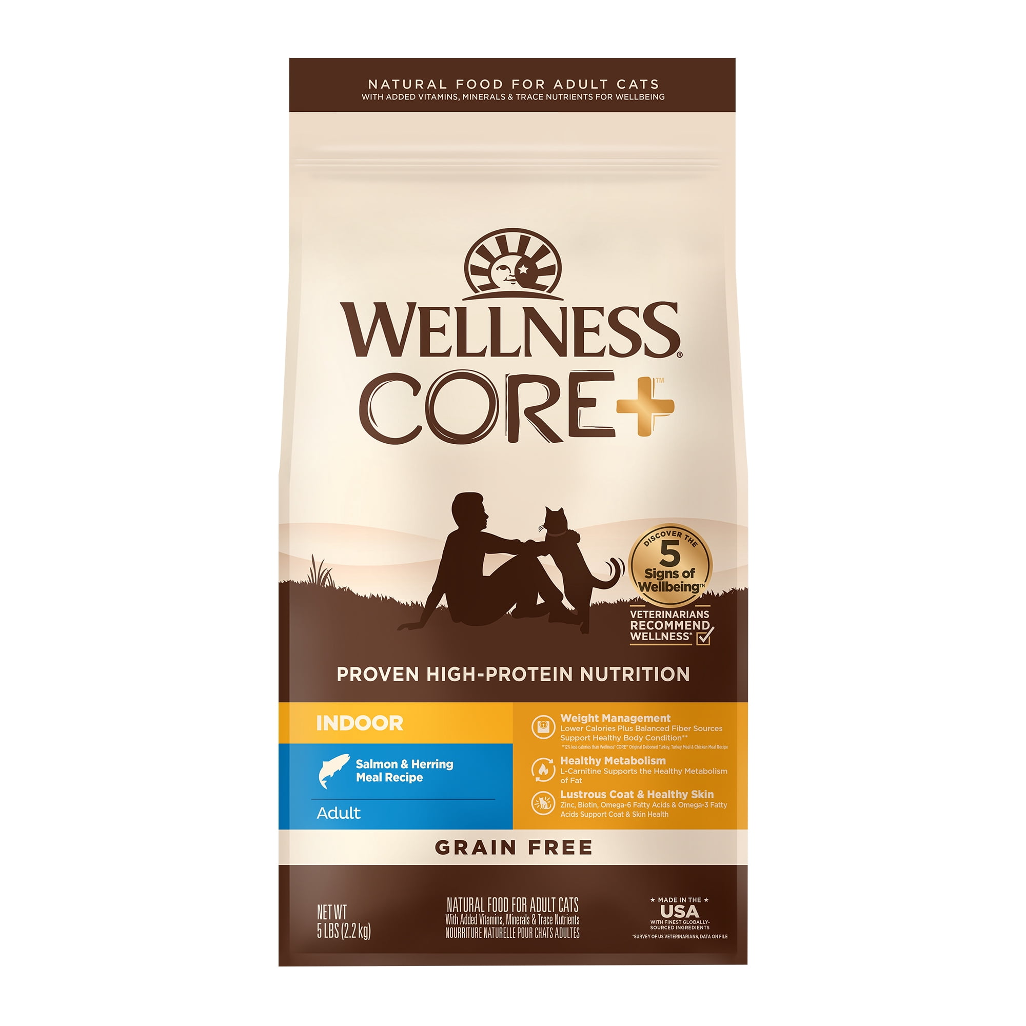 Wellness CORE+ Adult Dry Cat Food for Infoor Cats, Natural, Grain Free Kibble, Salmon and Herring Meal Recipe, 5 lb Bag