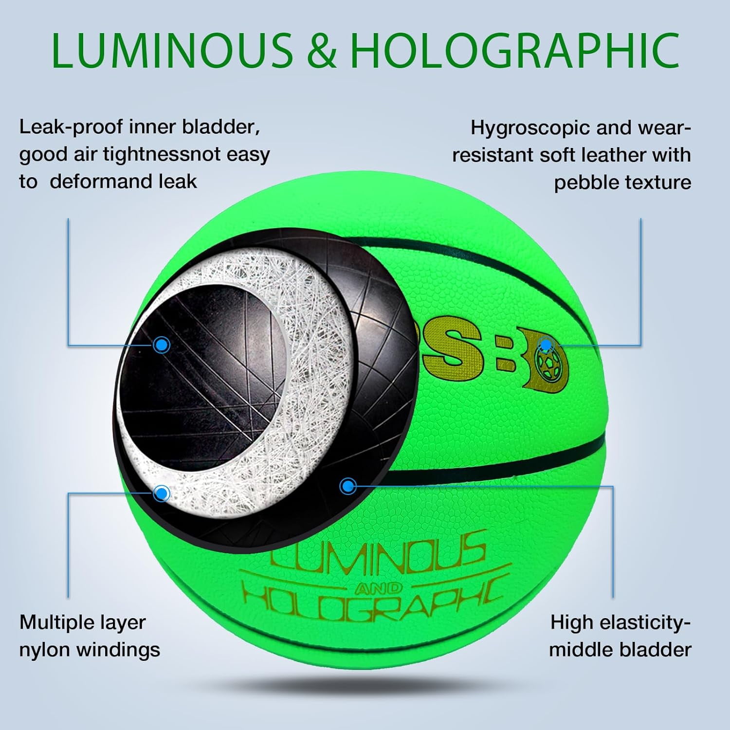 Glow in The Dark Basketball, Cool Glowing Luminous Basketball with Pump and Bag Indoor Outdoor PU Leather Basketballs Size 5/6/ 7