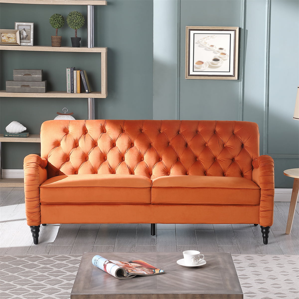 Wood Modern Velvet Upholstered Outdoor Sofa Couch with Orange Cushions, 3  Seat Tufted Back with Nail Arms with 2 Pillows TN201E-126 - The Home Depot
